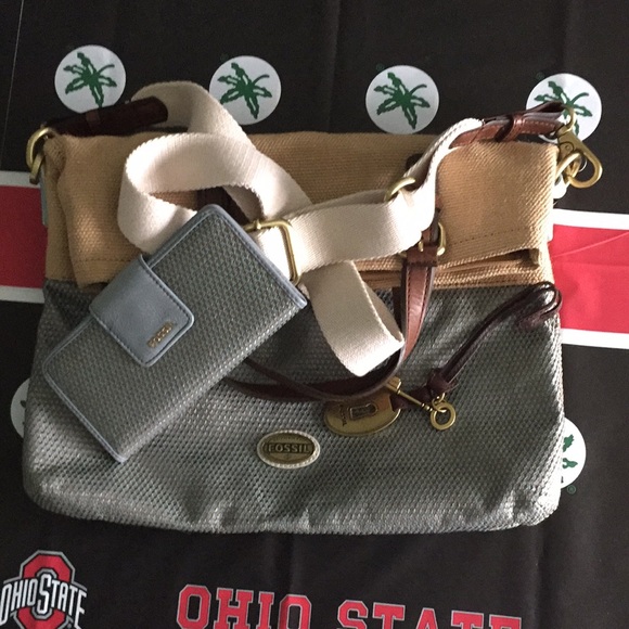 FOSSIL Explorer Tote Canvas Woven Straw Crossbody and Wallet Set Tan Blue - Picture 14 of 15